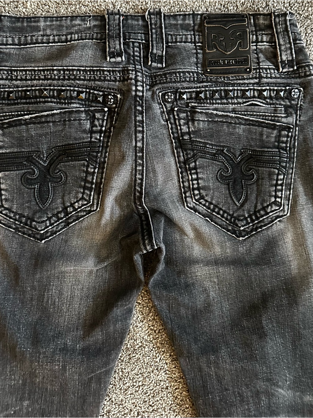 Rock Revival Men’s Distressed Black-Grey Studded Back-Pocket Jeans